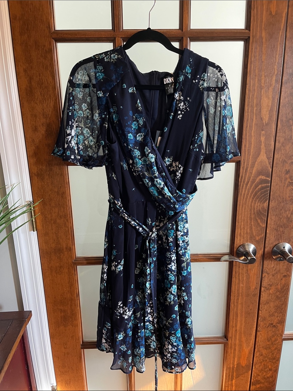 DKNY Navy Floral Wrap Midi Dress with Blue & White Blooms
